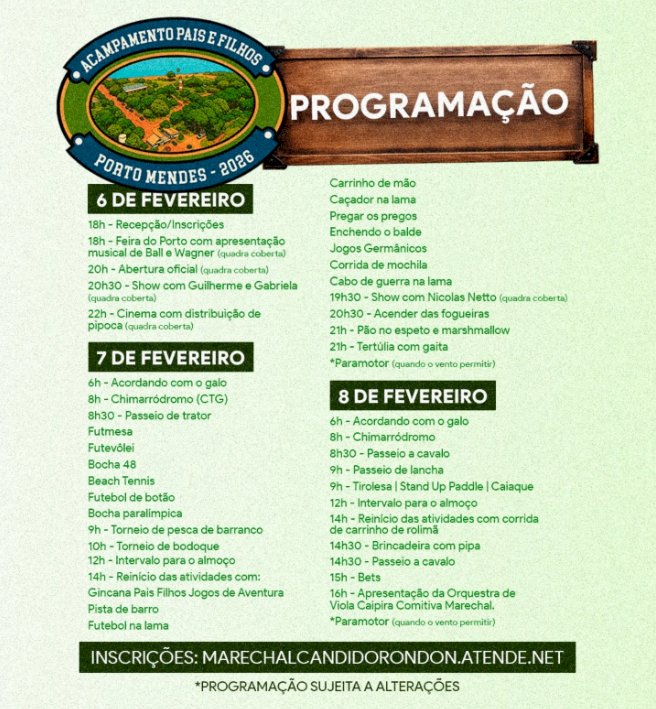 Divulgada a programação do Acampamento Pais e Filhos 2026 em Porto Mendes