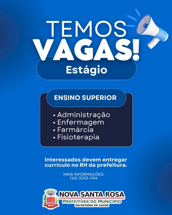 Secretaria de Saúde de Nova Santa Rosa abre vagas de estágio em diversas áreas