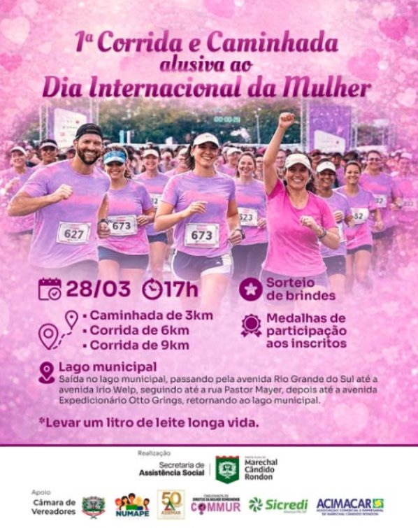 Estão abertas inscrições para Corrida e Caminhada do Dia da Mulher em Marechal Cândido Rondon