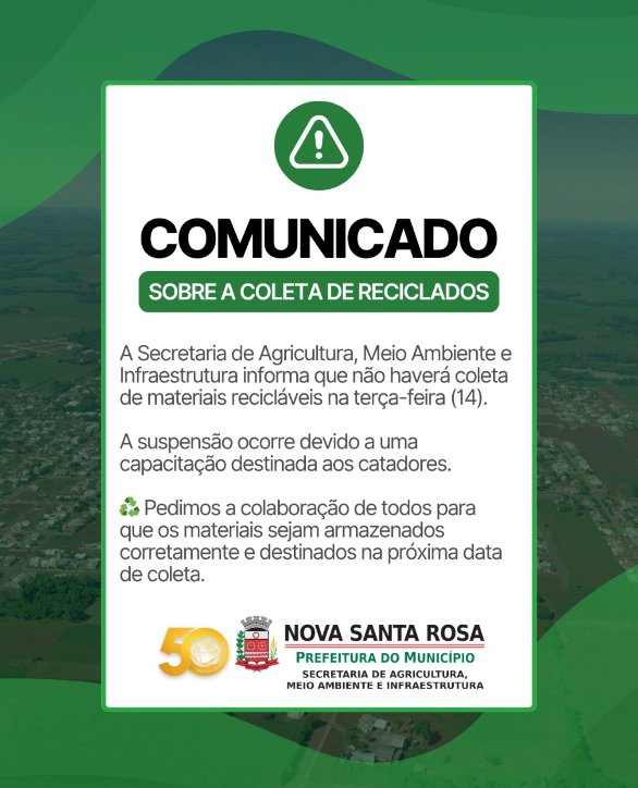 Coleta de recicláveis será suspensa na terça-feira em Nova Santa Rosa