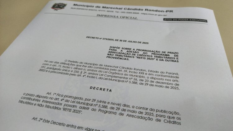 Marechal Rondon prorroga prazo para adesão ao REFIS 2025 até 30 de agosto