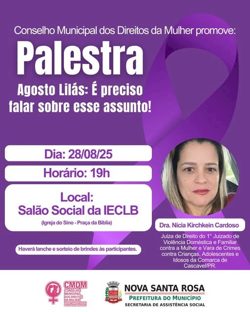 Agosto Lilás em Nova Santa Rosa: Juíza ministrará palestra sobre enfrentamento à violência contra a mulher