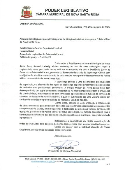 Pedido do presidente da Câmara é atendido durante visita de Hussein Bakri em Nova Santa Rosa