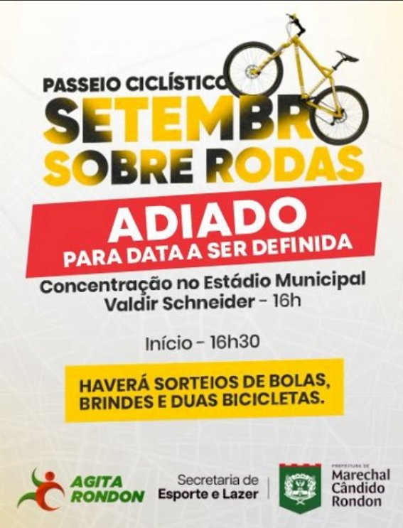 Passeio ciclístico deste sábado é adiado