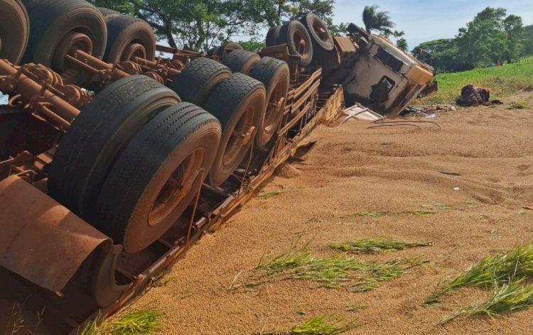 Caminhão carregado com soja tomba na região